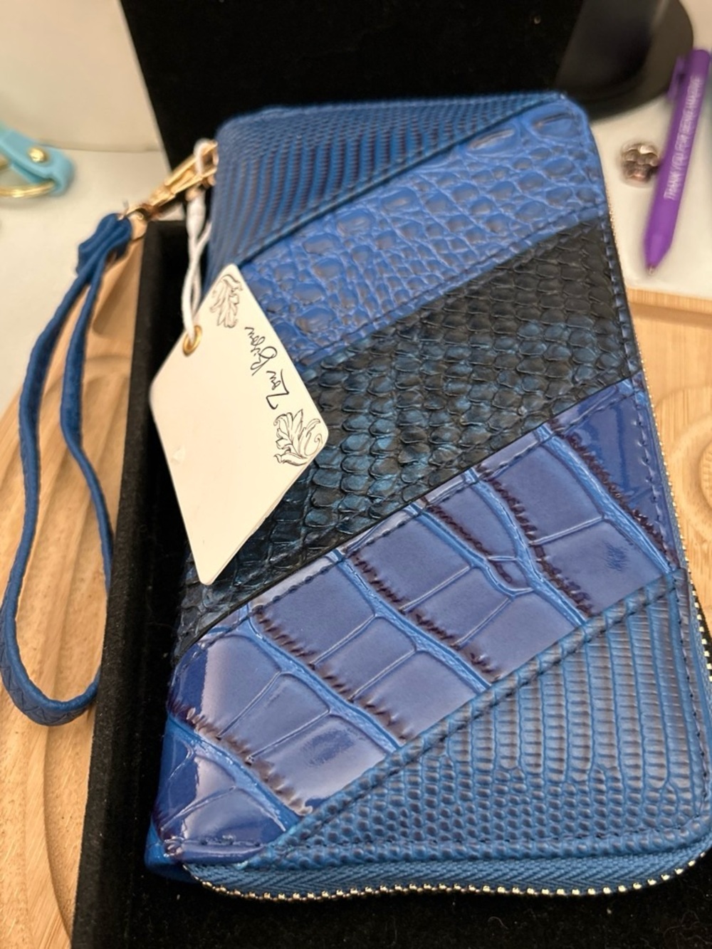 Blue Textured Zip-Around Wristlet Wallet - Women Bags